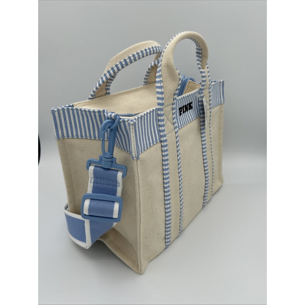 Victoria's Secret PINK Small Canvas Tote Crossbody Strap Light Blue NEW - Picture 3 of 9